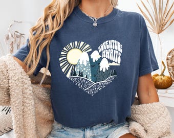 Adventure Awaits Mountain Heart Tee, Nature Lover Gift, Hiker Shirt, Outdoorsy, Mountain Aesthetic Top, Comfort Colors Shirt
