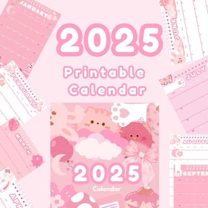 2025 Pink Calendar, Cute Pink Calendar, 2025 Printable Calendar, Pink Calendar, Pink and White Calendar, 2025 Digital Calendar image 1