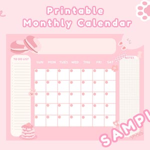 Calendario mensual imprimible en color rosa, calendario imprimible lindo, plantilla de calendario kawaii, calendario mensual, calendario imprimible sin fecha