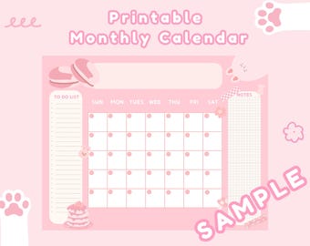Pink Printable Monthly Calendar, Cute Printable Calendar, Kawaii Calendar Template, Monthly Calendar, Undated Printable Calendar
