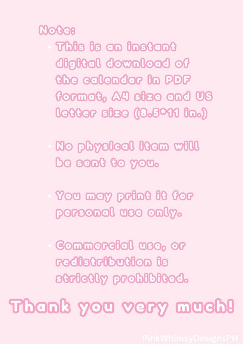 2025 Pink Calendar, Cute Pink Calendar, 2025 Printable Calendar, Pink Calendar, Pink and White Calendar, 2025 Digital Calendar image 5