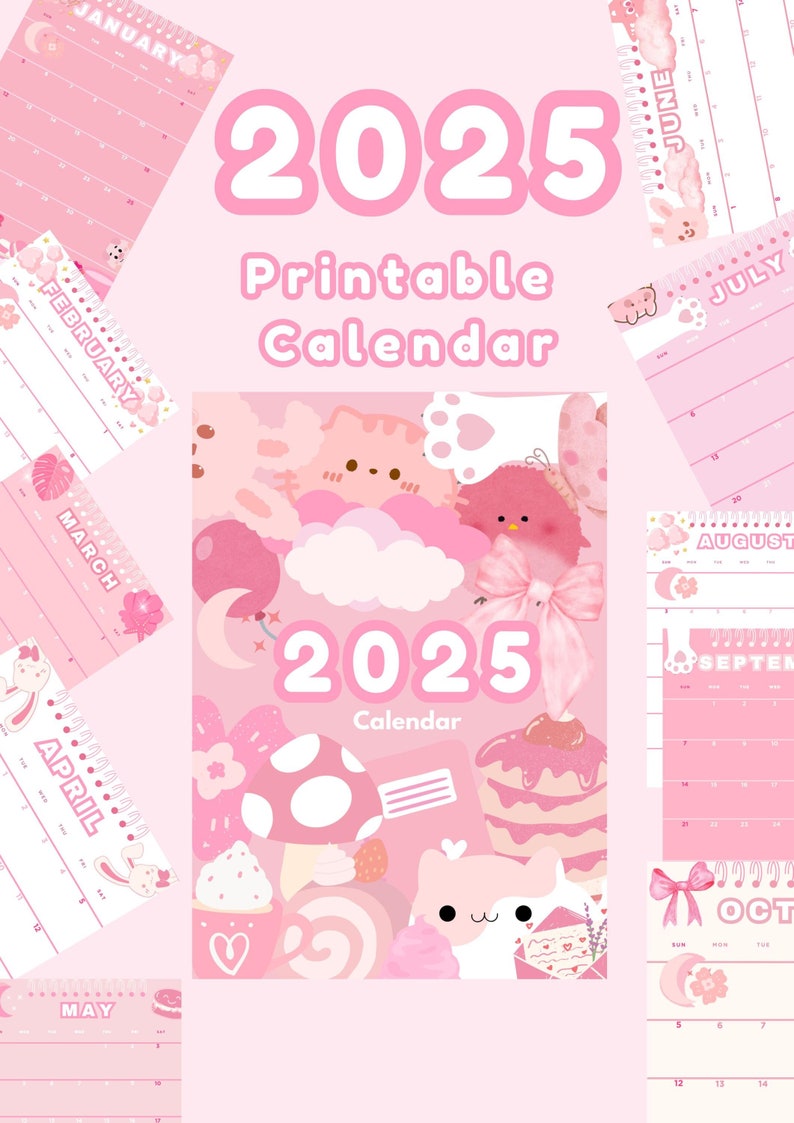 2025 Pink Calendar, Cute Pink Calendar, 2025 Printable Calendar, Pink Calendar, Pink and White Calendar, 2025 Digital Calendar image 1