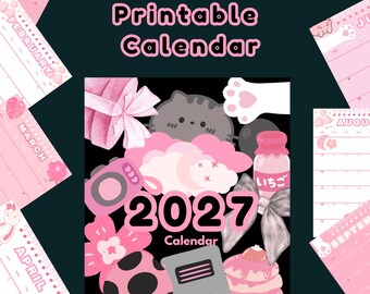 May include: A 2027 printable calendar featuring a dark background with pink and grey illustrations including a cat, a camera, a mushroom, a notebook, a stack of pancakes, and a drink bottle. The text 2027 Printable Calendar is displayed at the top.