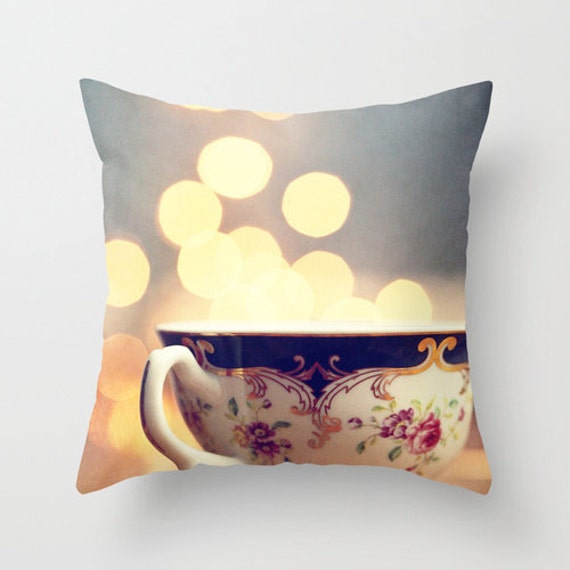 Items similar to Tea Cup Pillow Cover, pastel blue toss pillow, coffee
