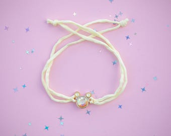 Pale Yellow Shimmer Mouse shaped Silk Tie Bracelet - choose setting color, 8mm largest crystal