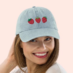 VINTAGE STRAWBERRY HAT | Embroidered Fruit Denim Hat, Cute Cottagecore Cap, 3 Strawberries Adjustable Baseball Cap, Gardener Gift for Her