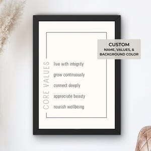 May include: A framed print with a black border displays the words "CORE VALUES" vertically on the left. The print lists "live with integrity, grow continuously, connect deeply, appreciate beauty, nourish wellbeing." A small label reads "CUSTOM NAME, VALUES, & BACKGROUND COLOR."