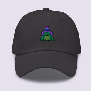 Puede incluir: Gorra de béisbol gris oscuro con un bordado de una rana con un sombrero de bruja morado con una banda azul. La rana es verde con un contorno verde y morado. El sombrero tiene un ala morada y una banda azul.