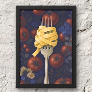 Impressão vintage de massa italiana: fettuccine, tomate e arte floral para cozinha (download digital)