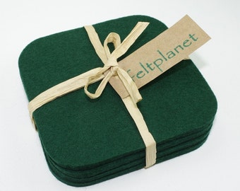 4" Green Square Felt Drink Coasters Crafted in German Made 5mm Thick Merino Wool Felt