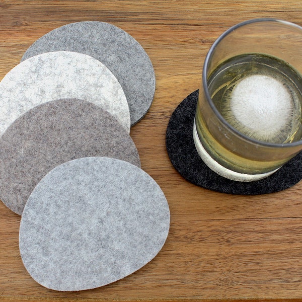 Neutrals Pebble Felt Coasters, Merino Wool Felt Drink Coaster Set Natural Shape 5mm Thick