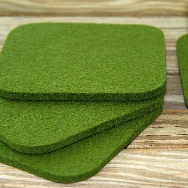 4" Square Felt Coasters Moss Green Crafted in German Made Wool Felt Drink Absorbent Coaster Set Barware Housewarming Hostess Gift Industrial