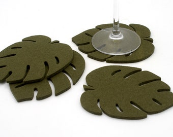 Wool Felt Coasters, Monstera Leaf Merino Wool Drink Coasters Set