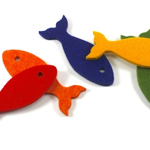 May include: Five felt fish in different colors: red, orange, yellow, blue, and green. The fish are all the same size and shape, and they are arranged in a row.