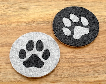 4" Round Paw Print Wool Felt Coasters with Cork Backing, Dog Lover Gift