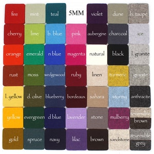 May include: A color chart with 5mm felt squares in various colors, including fire, mint, teal, violet, dune, h. taupe, cherry, lime, b. blue, pink, aubergine, charcoal, ice, orange, emerald, n blue, magenta, natural, black, 1. granite, rust, moss, wedgewood, ruby, linen, turmeric, granite, 1. yellow, d. olive, blueberry, bordeaux, sahara, stormy, anthracite, yellow, evergreen, d blue, lavender, stone, mulberry, reversible brown, gold, spruce, navy, lilac, brown, sandstone, reversible grey.