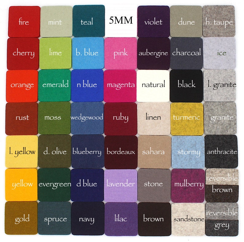 May include: A color chart with 5mm felt squares in various colors, including fire, mint, teal, violet, dune, h. taupe, cherry, lime, b. blue, pink, aubergine, charcoal, ice, orange, emerald, n blue, magenta, natural, black, 1. granite, rust, moss, wedgewood, ruby, linen, turmeric, granite, 1. yellow, d. olive, blueberry, bordeaux, sahara, stormy, anthracite, yellow, evergreen, d blue, lavender, stone, mulberry, reversible brown, gold, spruce, navy, lilac, brown, sandstone, reversible grey.