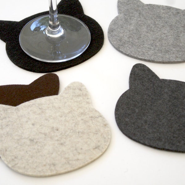 Felt Cat Head Coasters: Eco-Friendly Merino Wool Barware (Set of 5)