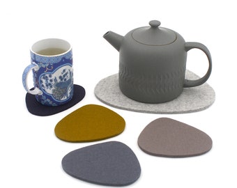 Mid Century Modern Wool Felt Coasters and Trivet Set, MCM Tea Pot Hot Pad