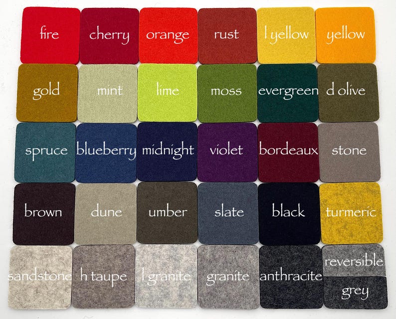 May include: A grid of thirty square felt coasters in various colors, each labeled with white text including fire, cherry, orange, rust, l yellow, yellow, gold, mint, lime, moss, evergreen, d olive, spruce, blueberry, midnight, violet, bordeaux, stone, brown, dune, umber, slate, black, turmeric, sandstone, h taupe, l granite, granite, anthracite, reversible, and grey.