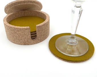 Cork Backed Merino Wool Felt Coasters: Round Coaster Set With Holder