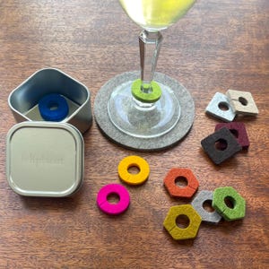 Merino Wool Felt Wine Glass Charms Set of 12 in Personalizable Gift Tin
