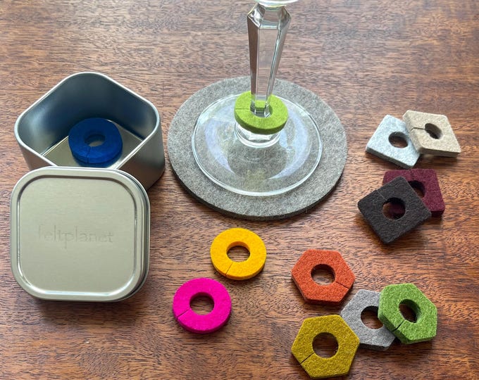 Merino Wool Felt Wine Glass Charms Set of 12 in Personalizable Gift Tin