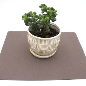 May include: A small potted plant with green leaves in a white ceramic pot with a woven pattern sits on a brown felt mat.