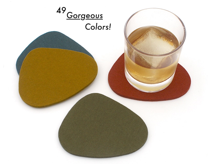 Mid Century Modern Merino Wool Felt Drink Coasters, Retro Shape shown in Gold, Spruce, Rust and Dark Olive, 49 gorgeous color text