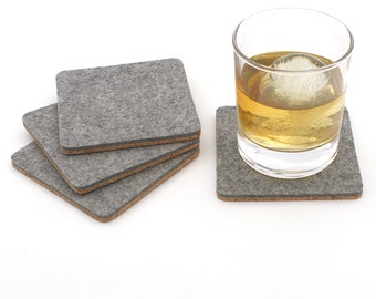 Merino Wool Felt Coasters: Square Drink Coaster Set with Cork Backing