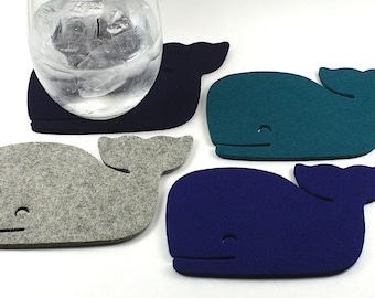Whale Coasters Merino Wool Felt Drink Coaster Set Nautical Beach House Ocean Decor