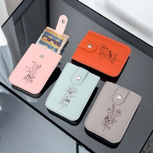 Cartera con tarjetero personalizable con diseño de flor de nacimiento: grabado personalizado, compartimento extraíble, diseño apilable, cartera minimalista, cierre con botón
