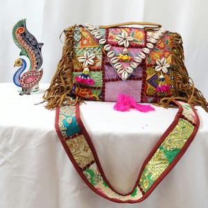 Handmade Multicolor Boho bag with Shells (Triangle flap/Light Belt) | Afghan bag| Banjara Bag|indian bag | Sling Bag |Shoulder Bag |Boho Bag