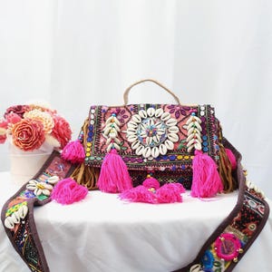 Pink Boho bag with Shells (Heavy Belt) | Afghan bags | Banjara Bag | multicolored indian bag | Sling Bag | Shoulder Bag | Shell Bag | Boho