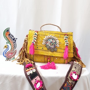 Yellow/orange Handmade Multicolor Boho bag with Shells (Heavy Belt) | Afghan bag| Banjara Bag|indian bag | Sling Bag  | Shell Bag | Boho Bag