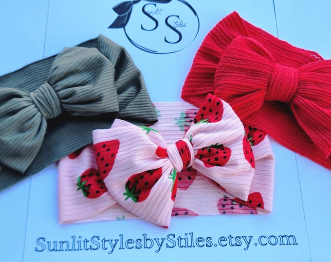 Strawberry Trio: Baby Girl Headband Bow Set (3-Pack) | Strawberry, Red & Olive Green | Headwrap Bundle