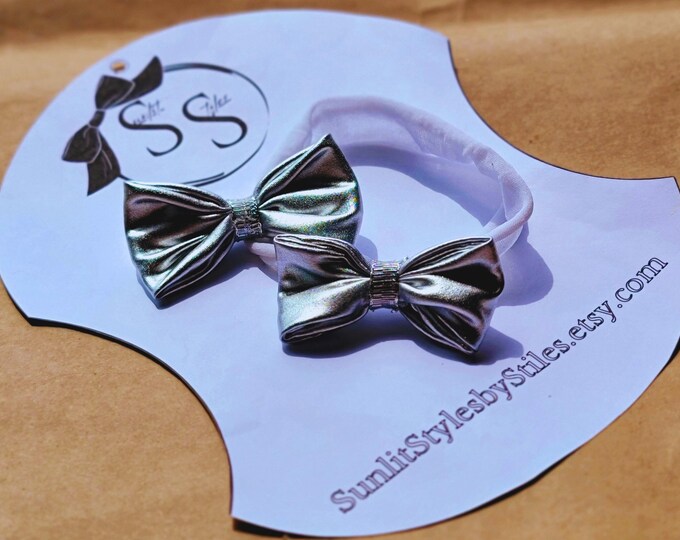 Silver Starlight: Matching Set | Clip-In Bow | Slip-On Nylon Headband | Baby Headwrap | Toddler Bows | Hair Accessories | Mom & Baby