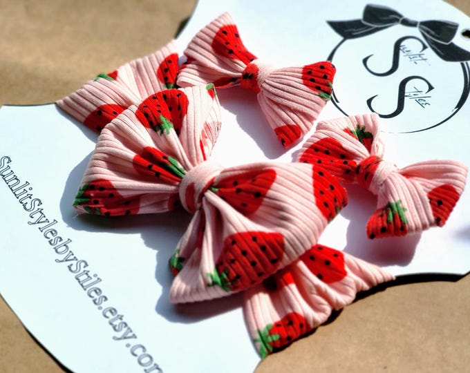 Berry Sweet: Headwrap Bow | Baby Headband | Pink Strawberry Knit | Slip-on Style | Baby & Toddler Bow | Hand-tied Bow