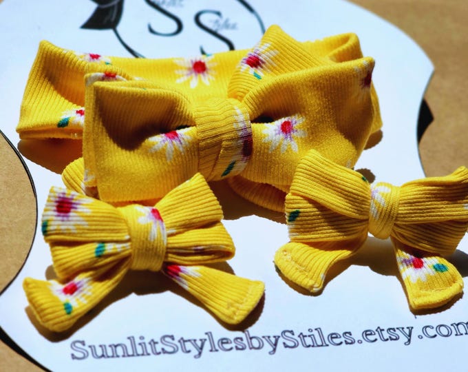 Daisy Sunburst: Pre-Tied Baby Headband Bow | Slip-On Headwrap | Yellow Floral Pigtail Bows | Infant & Child Accessories | Summer Style