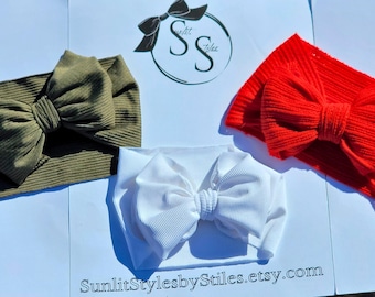 Christmas Bows: Set of 3 | Ribbed Knit Headbands | Red, White & Green | Toddler Headwraps | Hair Accessories | Holiday Outfit