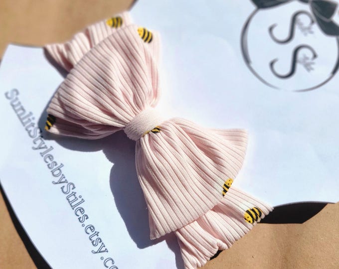 Bee Sweet: Light Pink Honeybee Headband | Bumble Bee Baby Bow | Girls Hair Accessory | Hand-tied Headwrap Bow | 1st Bee Day