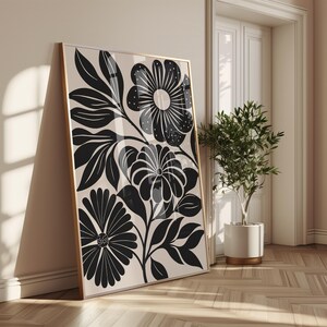 Póster de arte de flores oscuras, póster de flores abstractas, impresión de arte bohemio, estética botánica, arte de pared botánico de melancolía, decoración floral moderna de mediados de siglo