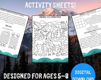 May include: Three printable activity sheets for Mount Rainier National Park featuring an activity sheet, an animal colouring page, and an animal logic puzzle. The pages include black and white line art of wildlife, mazes, and text for ages 5-8.