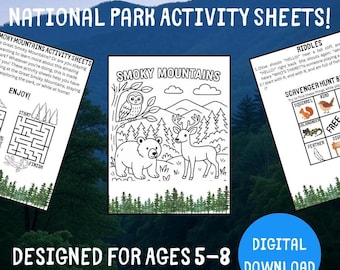 May include: Great Smoky Mountains National Park activity sheets designed for ages 5-8. The black and white pages feature a colouring sheet with an owl, bear, and deer, a maze, riddles, and a scavenger hunt with illustrations of a squirrel and bird.