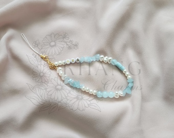Ocean Beaded Phone Wristlet: Aquamarine Stone Strap