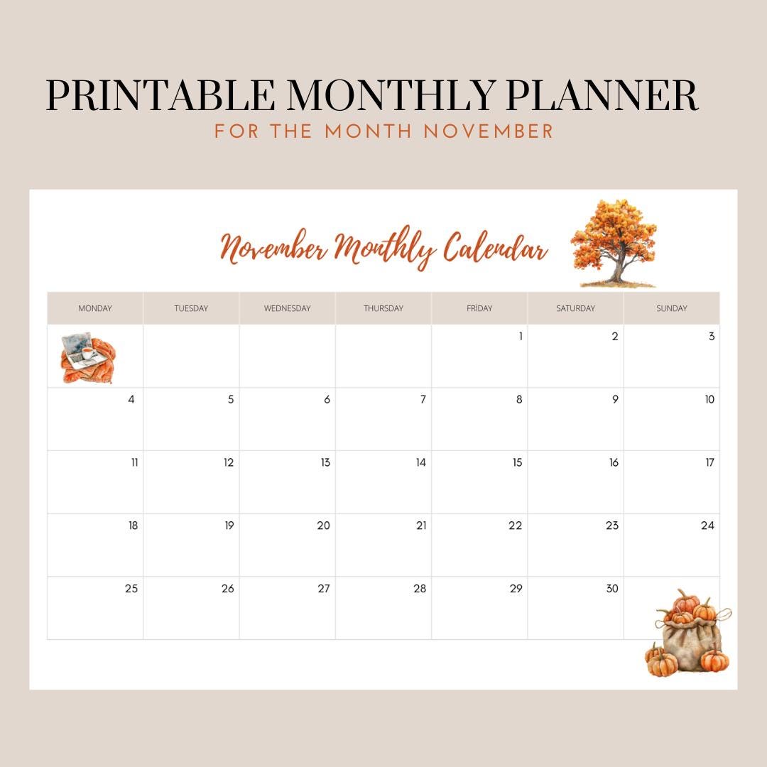 Printable Monthly Planner for November 2024 Fall Themed Monthly Planner ...