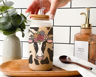 Cute Cow Flowers Cowgirl Frosted Tumblers Gift for mom Friend Motivational Inspirational coffee cup