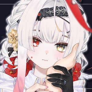 Op de afbeelding: Een digitale illustratie in anime-stijl van een personage met wit haar, rode en gele ogen en een zwart hoofddeksel. Het personage draagt een wit kledingstuk met kraag en rode accenten. Tekst leest AIRA LIVE2D MODEL SLOWLY FLOWING met een rode strik.