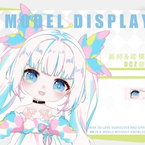 May include: A digital illustration of a cartoon character with white hair, blue eyes, and a pink and blue outfit. The character is wearing a black choker and has a halo above their head. The background is pink and white with the text "MODEL DISPLAY" and "画师&建模师 DCZ奈落" in black.