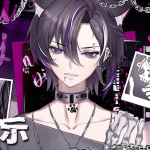 Peut inclure: Illustration numérique d'un personnage aux cheveux noirs et violets, avec des oreilles de chat et un collier avec une empreinte de patte. Le fond est un mélange de violet et de noir avec les mots "Model Display" et du texte japonais.